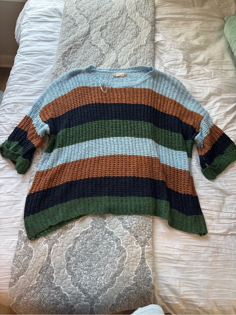Altar'd State Striped Scoopneck Sweater in Light Blue, Brown, Navy, Green